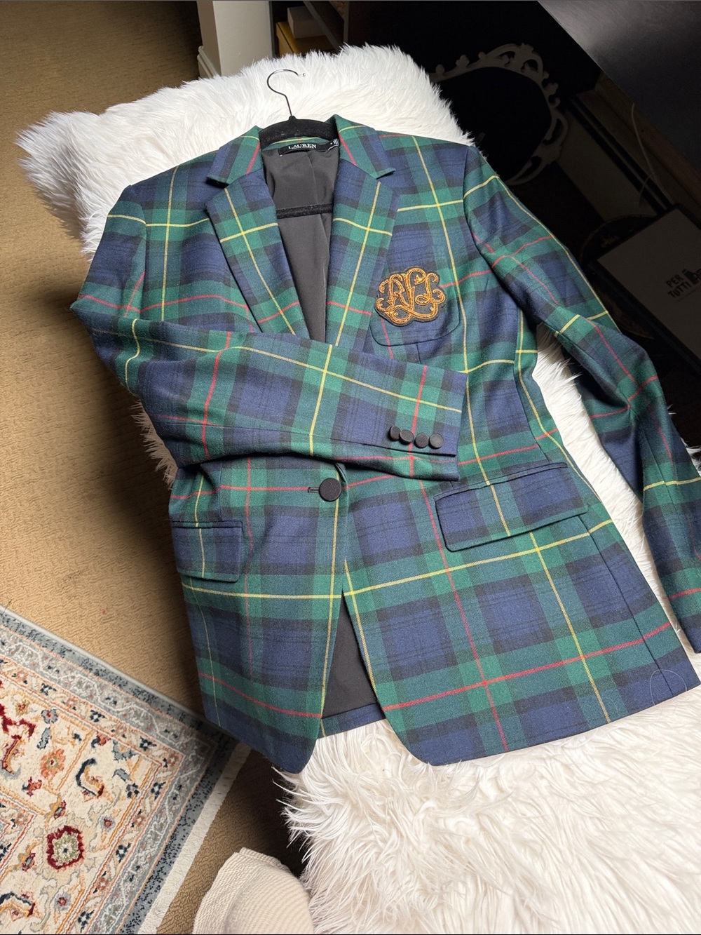 Lauren Ralph Lauren Navy & Green Plaid Tailored Blazer with Crest - Picture 11 of 17